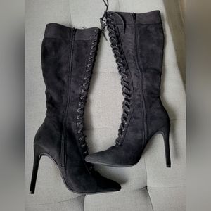 FASHION NOVA Can't Fight This Feeling Lace-Up Black Suede Boots 4" heels 6.5M